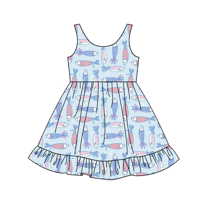 Preorder (moq 5)Baby Girls Bows Flowers Fishes Ruffle Knee Length Dresses