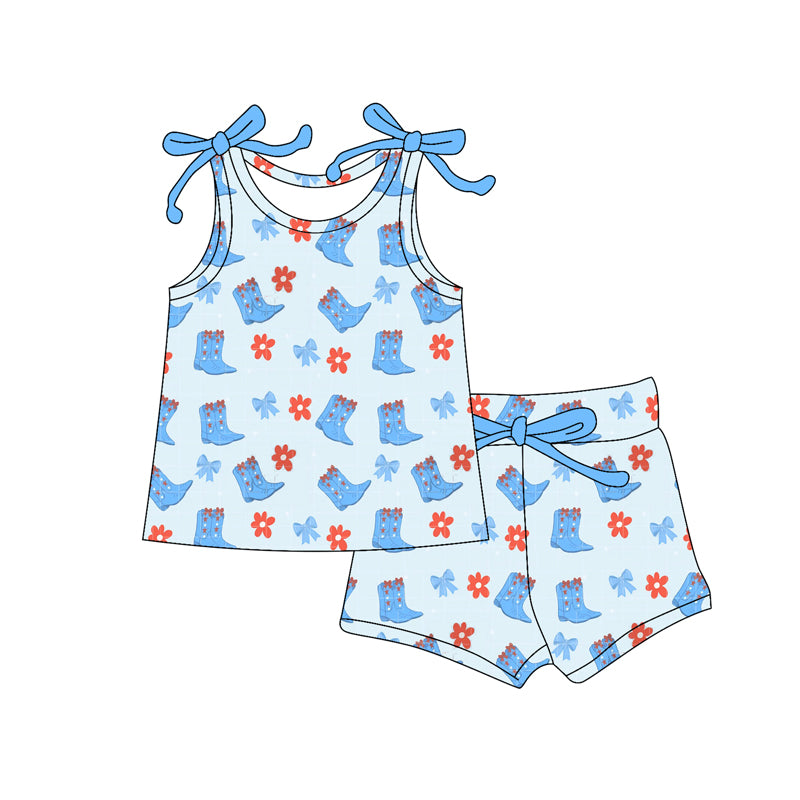 Preorder (moq 5)Baby Girls Blue Flowers Bows Boots Top Shorts Western Clothes Sets