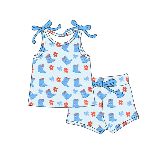 Preorder (moq 5)Baby Girls Blue Flowers Bows Boots Top Shorts Western Clothes Sets