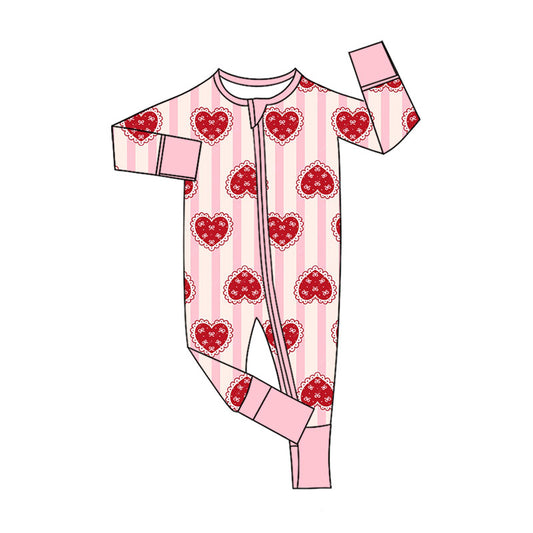 Preorder (moq 5)Baby Girls Pink Stripe Hearts Valentines Two Way Zip Convertible Rompers