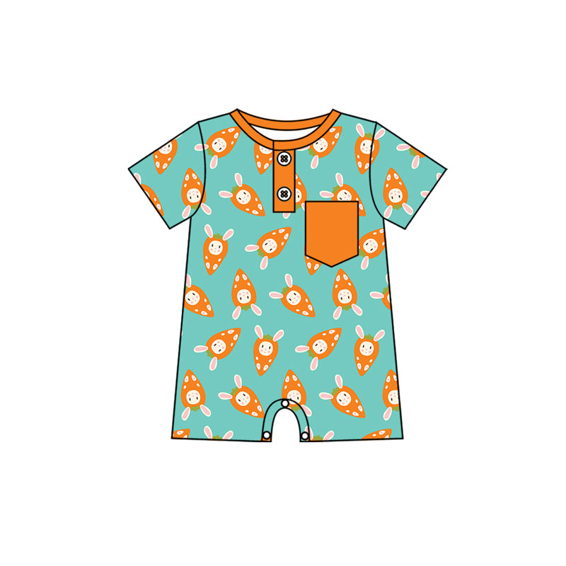 Preorder (moq 5)Baby Boys Rabbits Carrots Pockets Button Easter Shorts Rompers