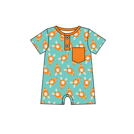 Preorder (moq 5)Baby Boys Rabbits Carrots Pockets Button Easter Shorts Rompers