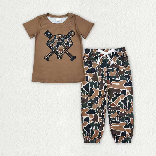 Baby Boys Southern Dark Brown Camo Baseballs Top Pockets Jogger Pants Team Clothes Sets