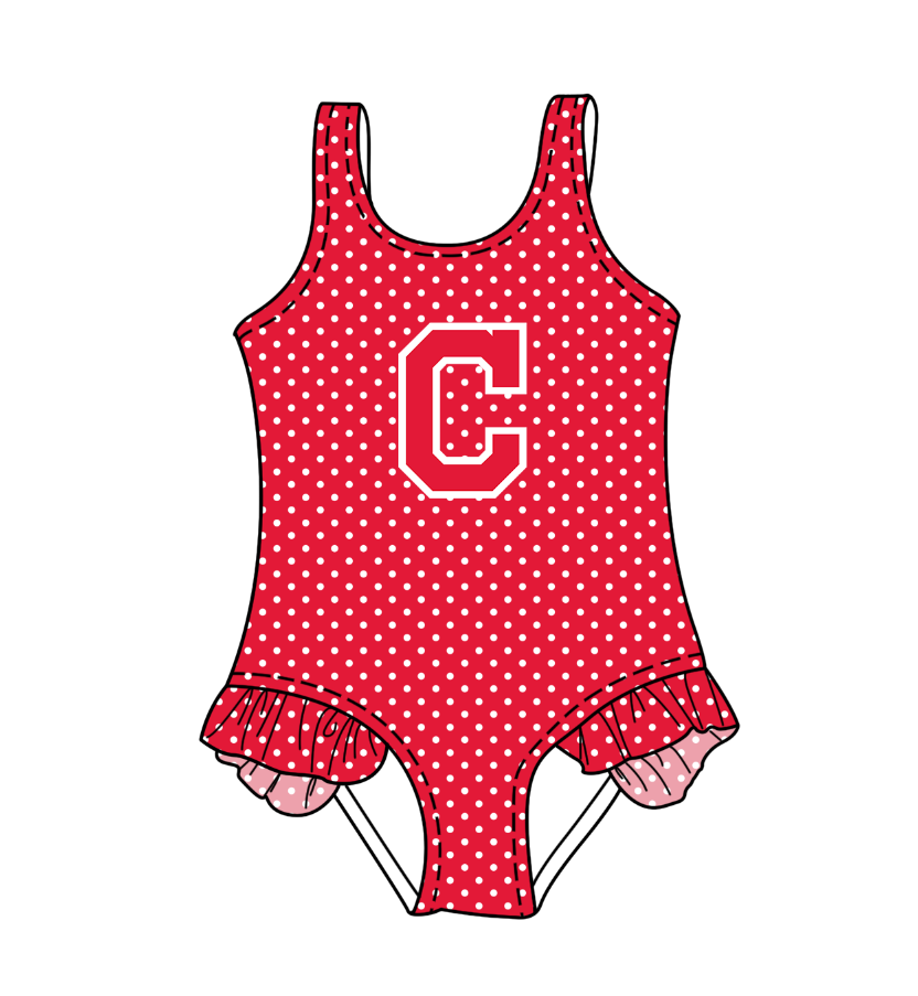 Preorder moq 5 Baby Girls Sleeveless Red Polka Dots C Team Swimsuits