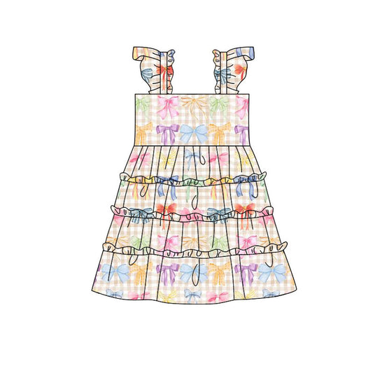 Preorder(moq 5) Baby Girls Colorful Bows Checked Patchwork Knee Length Dresses