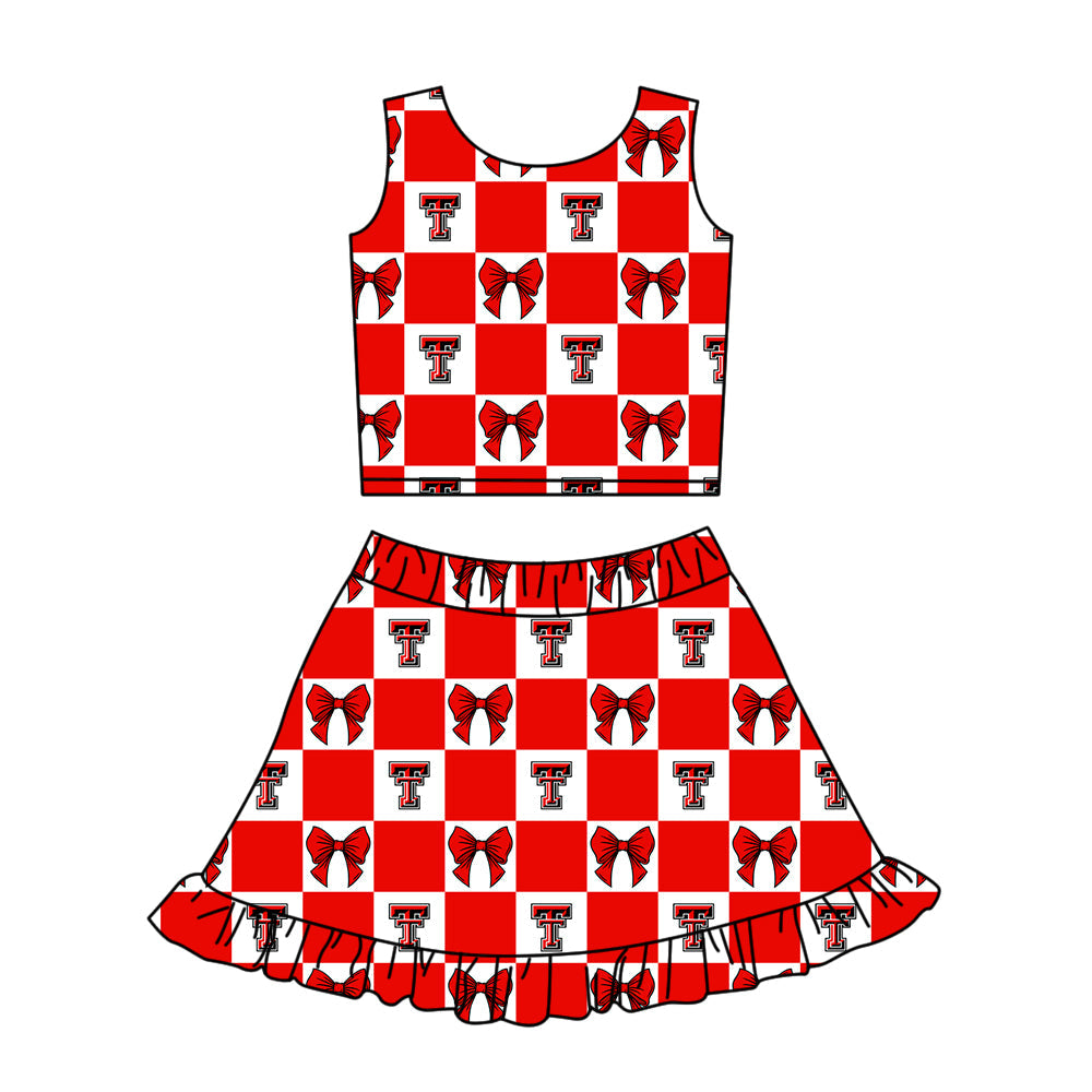 Preorder (moq 5)Baby Girls Red T Bows Checked Vest Ruffle Skirt Short Team Clothes Sets