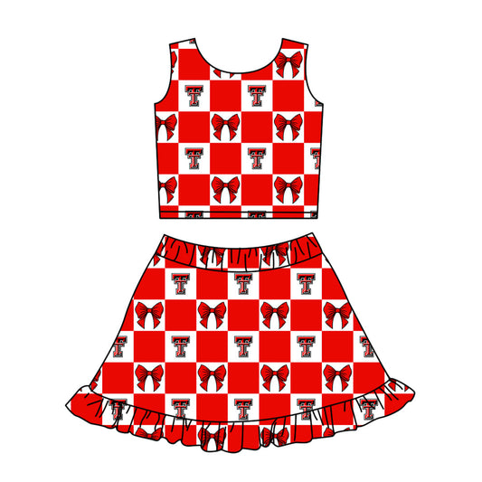 Preorder (moq 5)Baby Girls Red T Bows Checked Vest Ruffle Skirt Short Team Clothes Sets