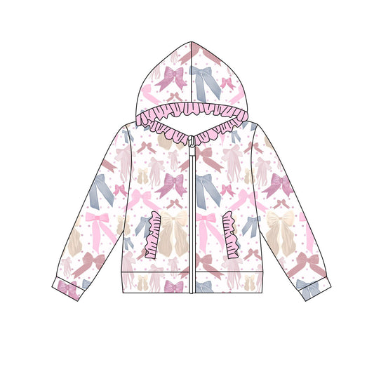 Preorder(moq 8)Baby Girls Polka Dots Bows Plaid Pocket Zipper Ruffle Hoodie Jackets