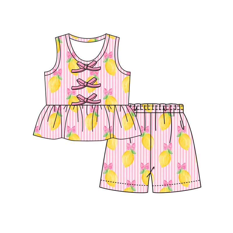 Preorder (moq 5)Baby Girls Pink Stripe Bow Lemons Button Tunic Shorts Clothes Set
