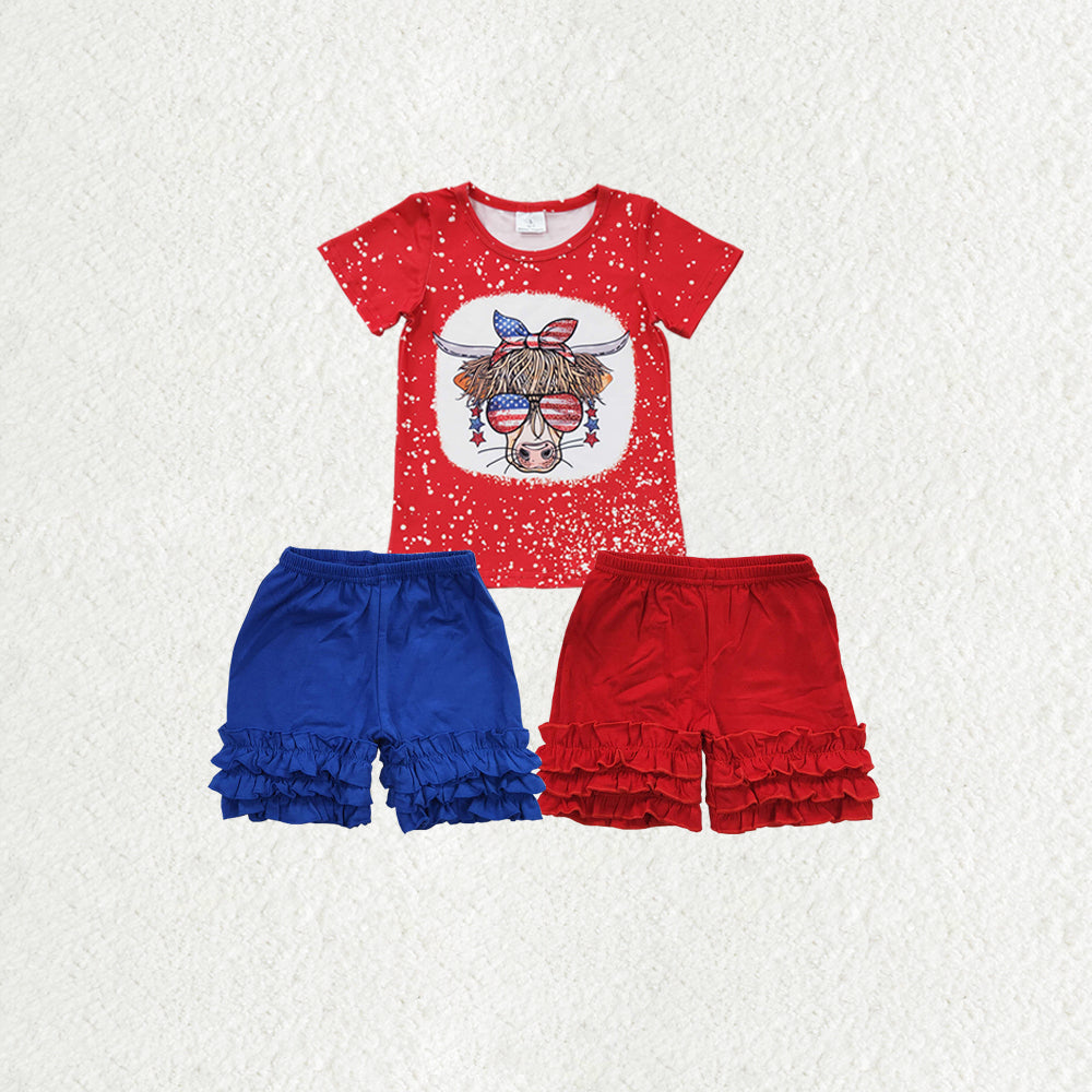 Sibling Baby Girls Western 4th Of July Cow Icing Shorts Clothes Sets