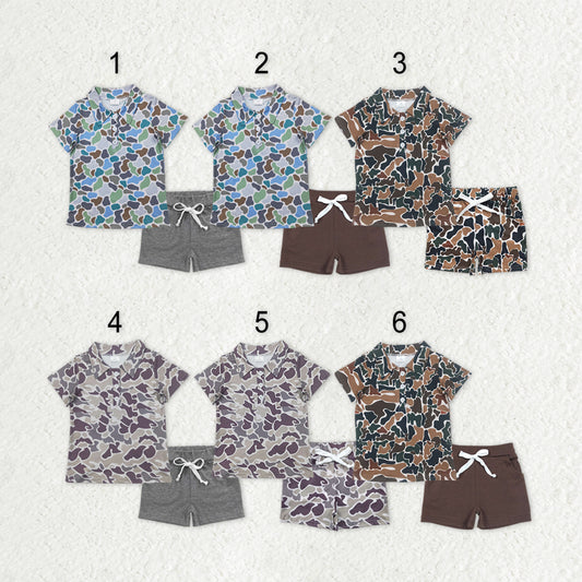 Sibling Baby Boys Camo Print Button Polo Shirts Pockets Short Western Set
