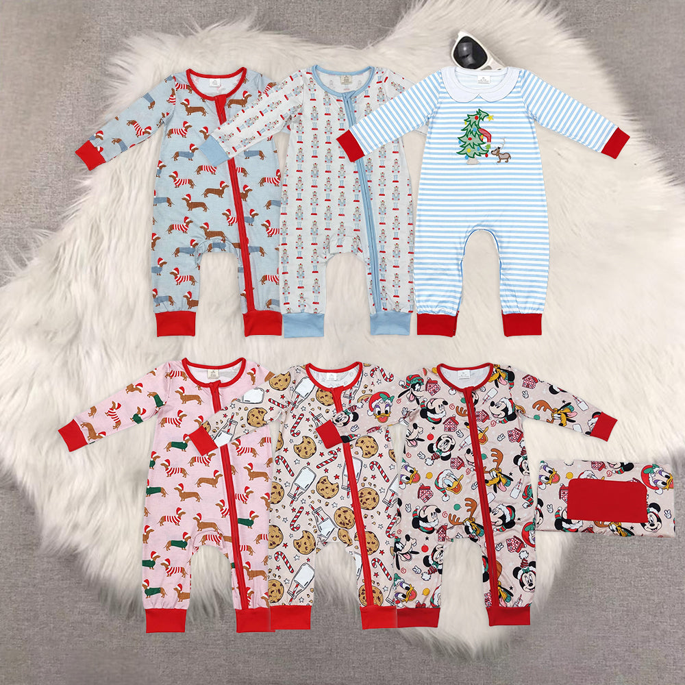Sibling Baby Infant Boys Christmas Dachshund Dogs Milk Cartoon Zip Rompers