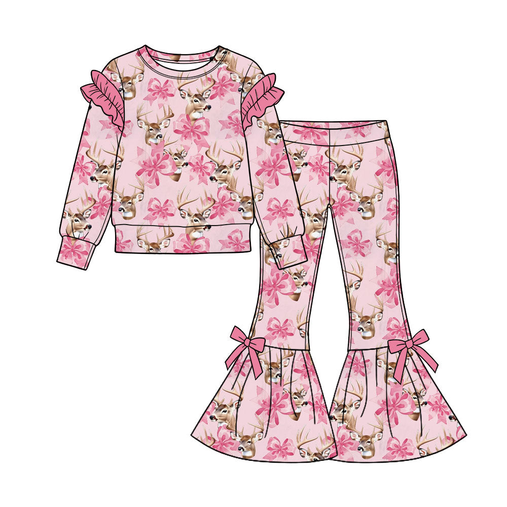Preorder (moq 5) Baby Girl Clothes Blue Deer Floral Mixed Print Long Sleeve Tunic Pant Set（副本）