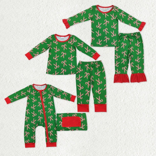 Sibling Baby Boys Girls Christmas Candy Cane Pant Pajamas Sets Zipper Footie Rompers