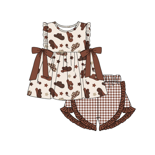 Preorder moq 5 Baby Girls Sleeveless Hats Stars Tunic Brown Plaid Ruffle Short Set