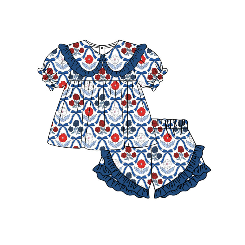 Preorder moq 5 Baby Girls Flowers Collar Tunic Ruffle Shorts Clothes Set