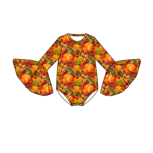 Preorder (moq 5)Baby Girls Bell Sleeve Flowers Pumpkins Fall Ruffle Rompers
