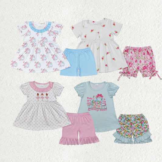 Sibling Baby Girls Short Sleeves Flowers Tunic Top Ruffle Shorts Clothes Sets