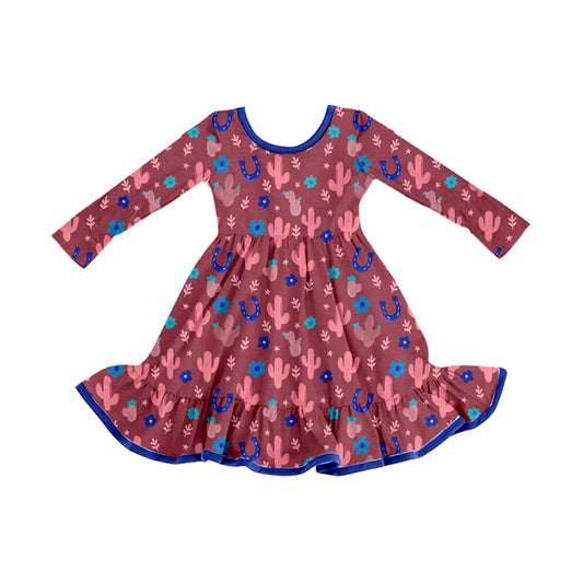 Preorder (moq 5)Baby Girls Western Cactus Ruffle Knee Length Dresses