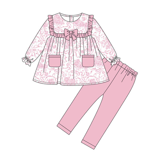 Preorder(moq 8)Baby Girls Pink Bows Flowers Pockets Tunic Leggings Clothes Sets