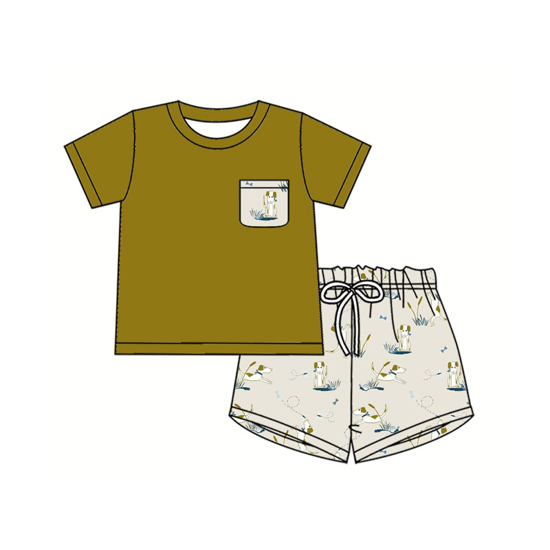 Preorder (moq 5)Baby Boys Olive Short Sleeves Pocket Top Dogs Bees Short Sets