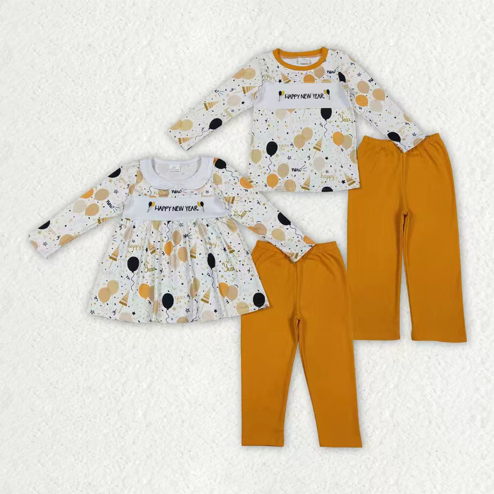 Sibling Baby Boys Girls Embroidery Happy New Year Balloons Stars Top Pants Clothes Sets