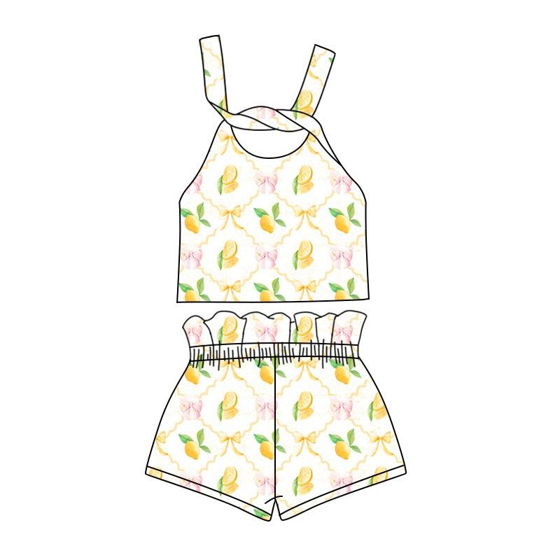 Preorder (moq 5)Baby Girls Lemon Bows Straps Top Shorts Clothes Sets