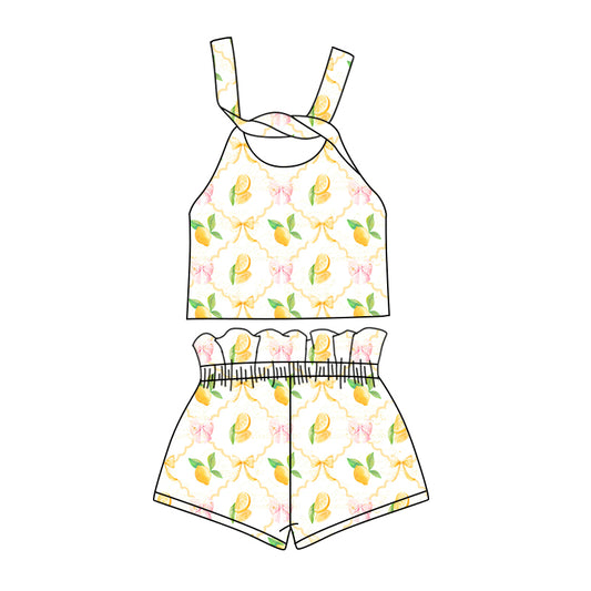 Preorder (moq 5)Baby Girls Lemon Bows Straps Top Shorts Clothes Sets