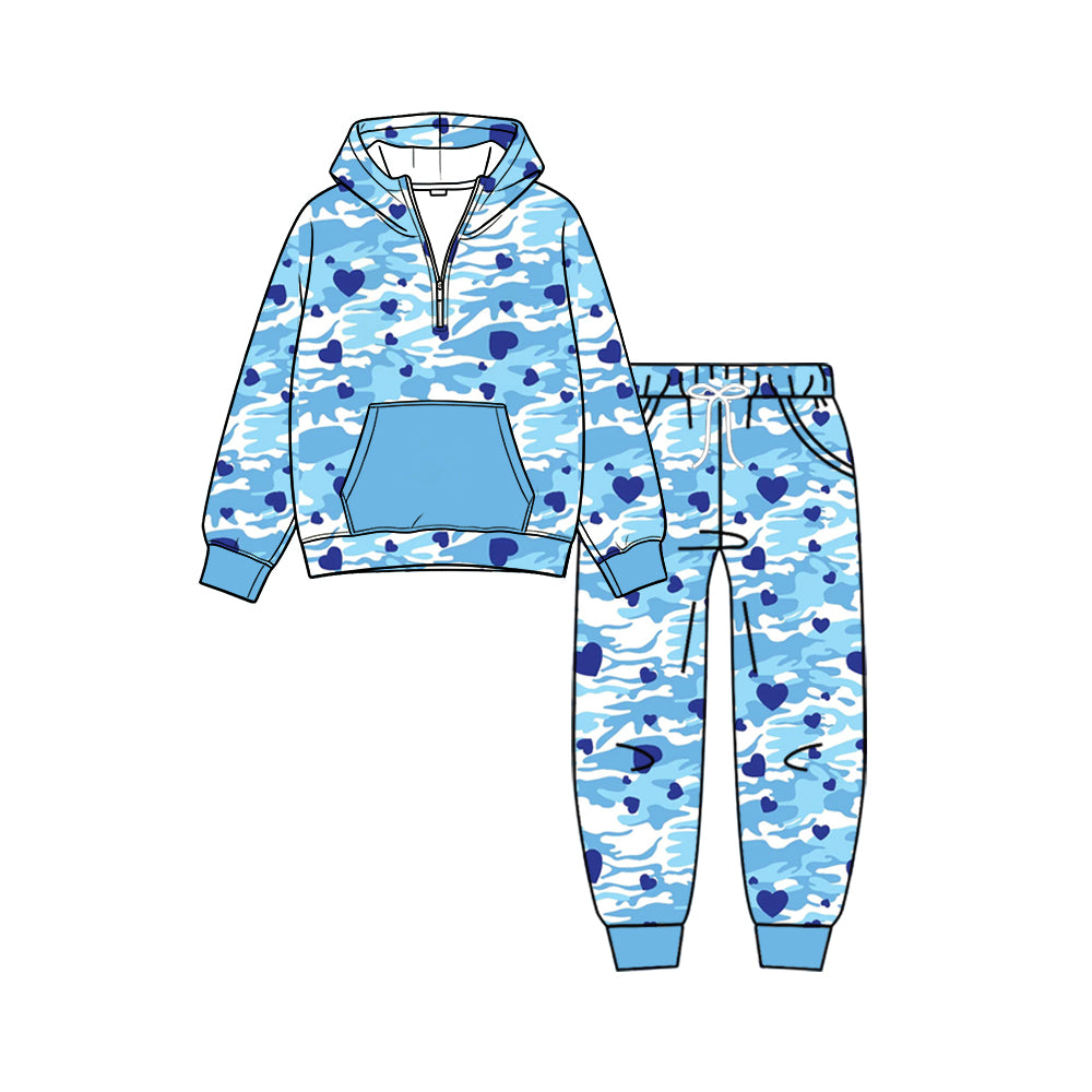 Preorder (moq5) Baby Boys Blue Camo Hearts Zip Pocket Hoodie Joggers Valentines Clothes Set