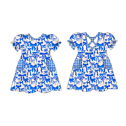 Preorder(moq 5) Baby Girls Hot Blue Bows Plaid Ruffle Pockets Knee Length Dresses