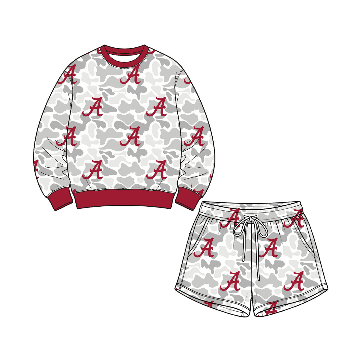 Preorder (moq 5) Kids Clothes Camo Letter A Mixed Print Long Sleeve Sweatshirt Short Pant Set