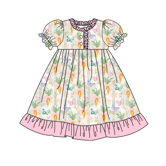 Preorder(moq 8)Baby Girls Bows Carrots Butterfly Checked Easter Button Ruffle Knee Length Dresses