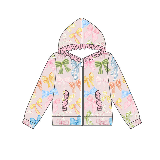 Preorder(moq 8)Baby Girls Colorful Bows Plaid Pocket Zipper Ruffle Hoodie Jackets