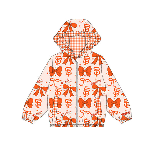 Preorder(moq 8)Baby Girls Orange Bows SF Giants Pocket Zipper Team Ruffle Hoodies Jackets