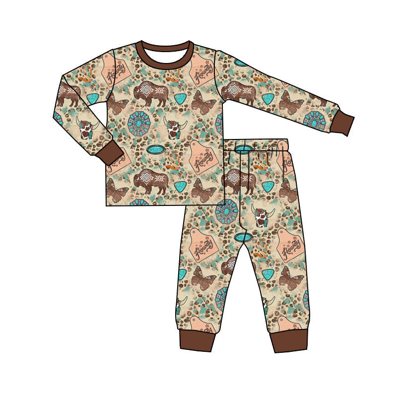 Preorder (moq 5)Baby Boys Aztec Cows Turquoises Top Pants Western Pajamas Sets