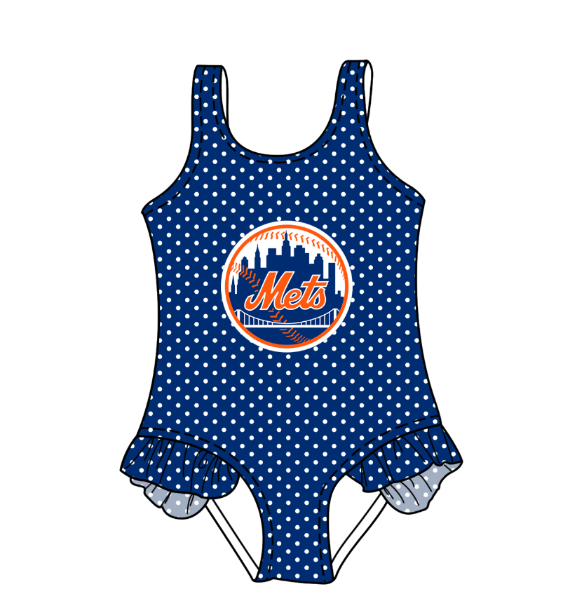 Preorder moq 5 Baby Girls Sleeveless Hot Blue Polka Dots Mets Team Swimsuits