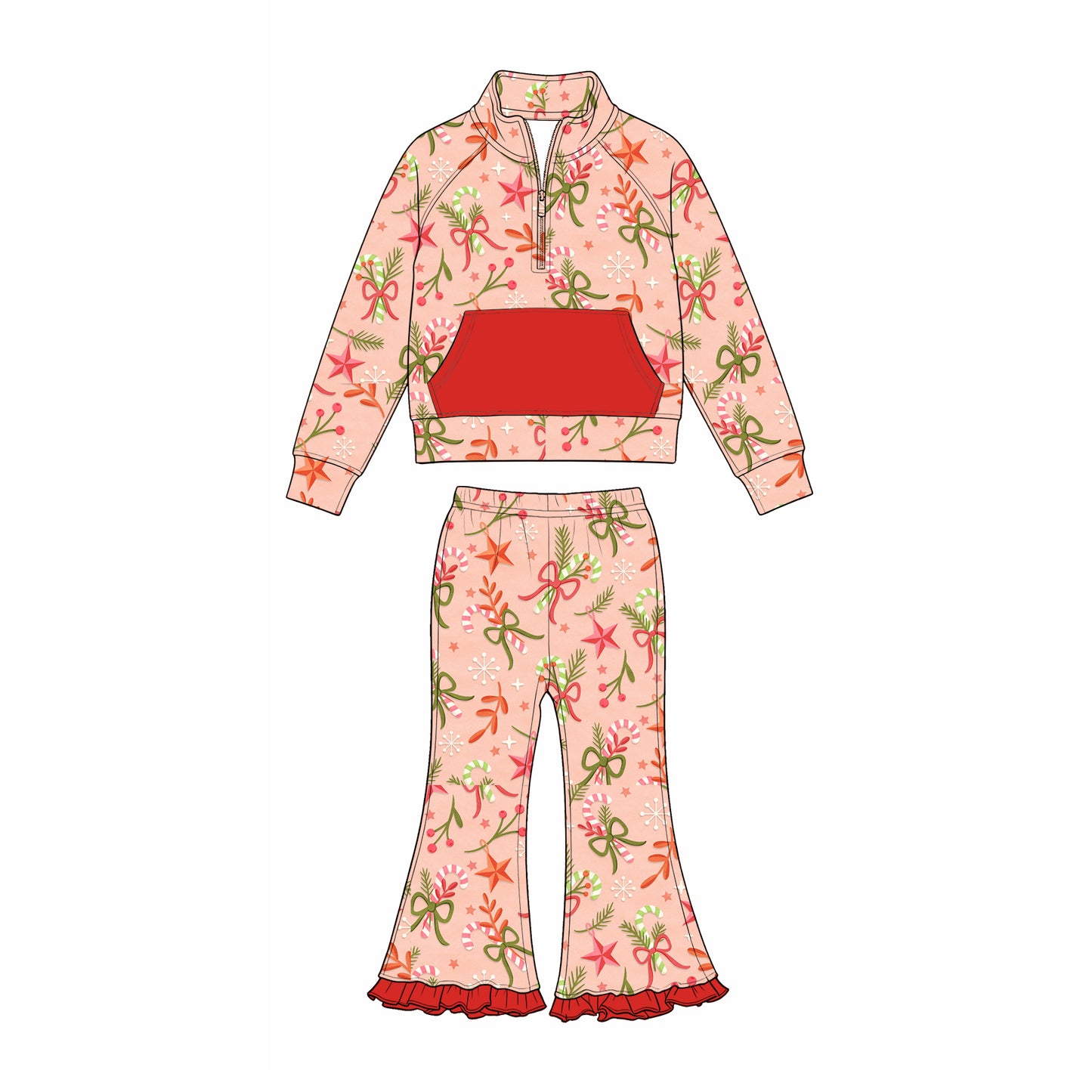 Preorder (moq 5) Baby Girls Candy Cane Flowers Zip Pocket Pullovers Bell Bottom Pant Christmas Clothes Sets