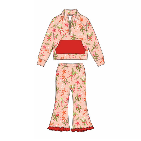 Preorder (moq 5) Baby Girls Candy Cane Flowers Zip Pocket Pullovers Bell Bottom Pant Christmas Clothes Sets