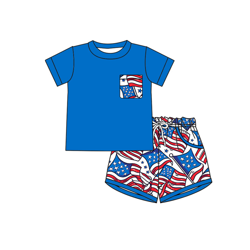 Preorder (moq 5)Baby Boys Shirts Top Stars Flags Pockets Shorts 4th of July Clothes Set