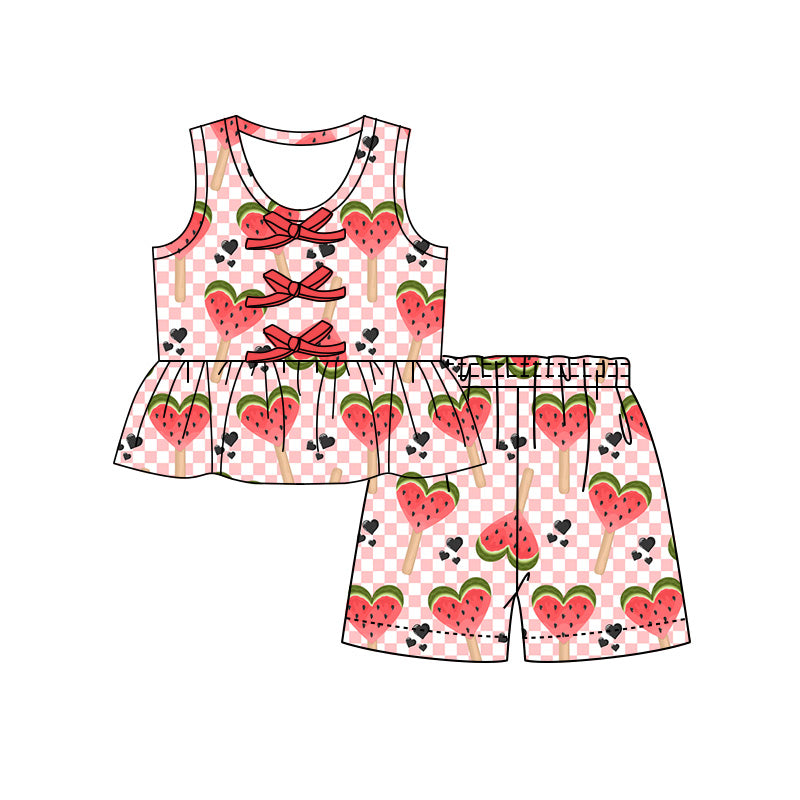 Preorder (moq 5)Baby Girls Heart Watermelons Checked Button Tunic Shorts Clothes Set