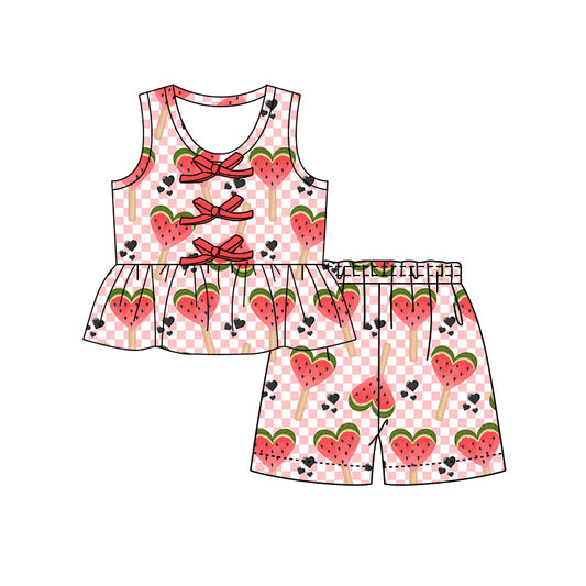 Preorder (moq 5)Baby Girls Heart Watermelons Checked Button Tunic Shorts Clothes Set