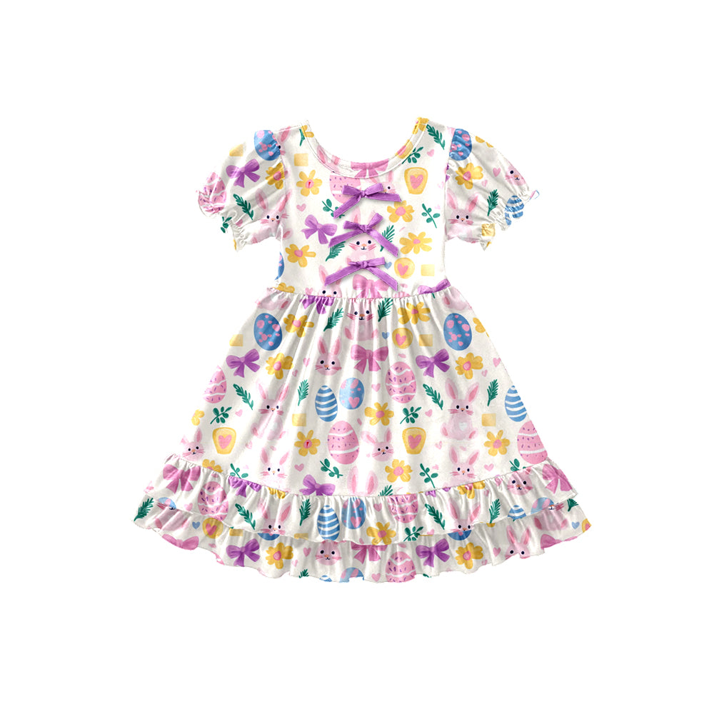 Preorder (moq 5)Baby Girls Rabbits Eggs Flowers Easter Ruffle Knee Length Dresses
