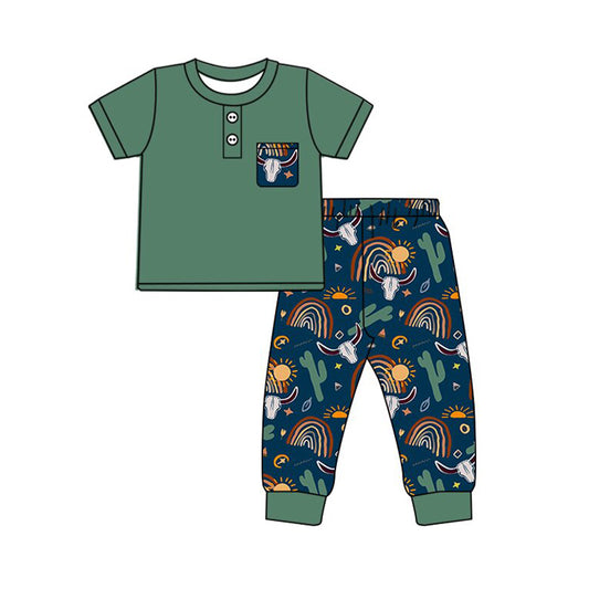 Preorder(moq 8)Baby Boys Button Pocket Top Cactus Bull Skulls Pants Western Clothes Sets