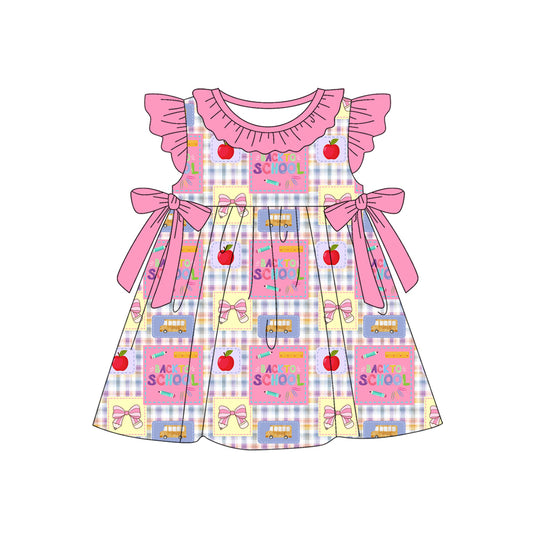 Preorder (moq 5)Baby Girls Pink Checked Pencil Apples Back to School Collar Knee Length Dress