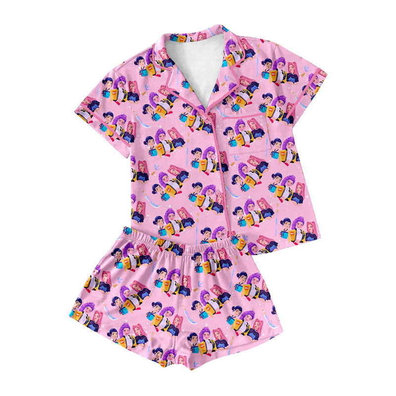 Preorder moq 5 Adult Women Cartoon Girls Button Pockets Top Shorts Pajamas Sets