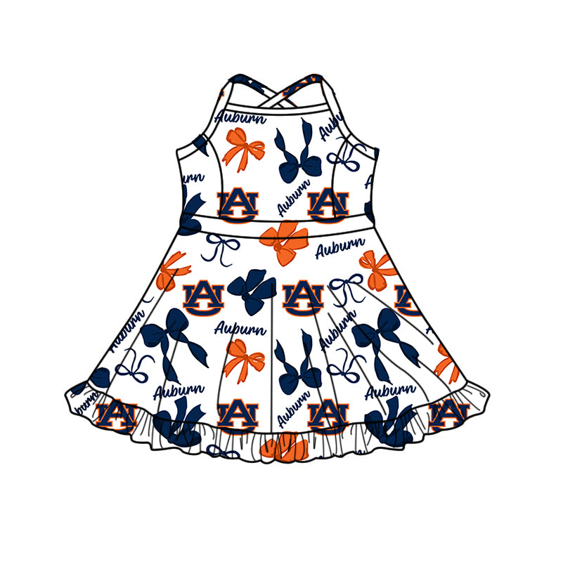 Preorder (moq 5)Baby Girls Strap Auburn Bows Team Shorts Ruffle Knee Length Dress