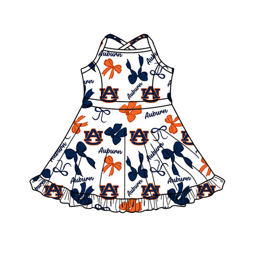 Preorder (moq 5)Baby Girls Strap Auburn Bows Team Shorts Ruffle Knee Length Dress