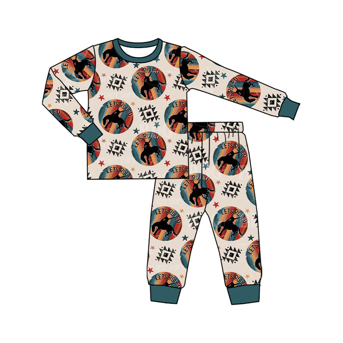Preorder (moq 20)Baby Boys Bamboo Aztec Horse Rodeos Western Pants Pajamas Sets