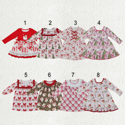 Sibling Baby Girls Bows Santa Trees Plaid Christmas Ruffle Knee Length Dresses