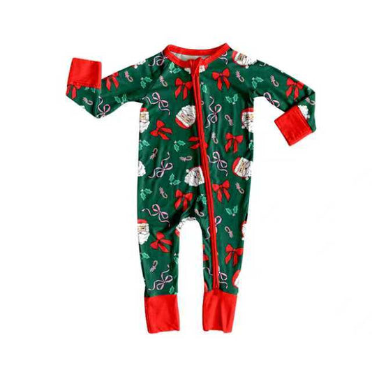 Preorder (moq 20)Baby Boys Bamboo Bows Santa Holly Christmas Zippy Footie Rompers